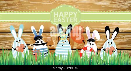 Easter. Rabbit-eggs with funny cute faces in the grass. On a wooden fence background. In the hands of the flag and lifebuoys sailors. Illustration for Stock Vector