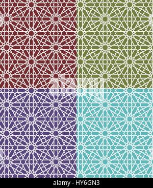 Seamless islamic Moroccan pattern set. Arabic geometric ornament. Muslim texture. Vintage repeating background. Vector blue wallpaper. Oriental design and Ramadan wallpaper Stock Vector