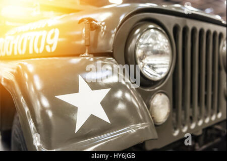 Closeup on a military car in the sunlight Stock Photo