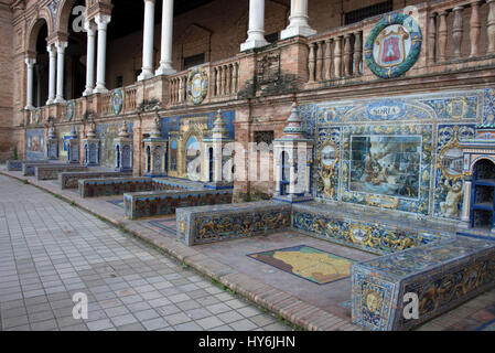 Along the entire length of the semi circle frontage of the Plaza de Espana are 50 small individual ceramic monuments, each representing a Spanish prov Stock Photo