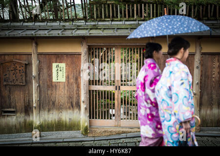 KYOTO, JAPAN - JANUARY 10 2016 : Japanese women in traditional Kimono are walking under the rain with an umbrella on the way to Kiyomizu-Dera temple i Stock Photo