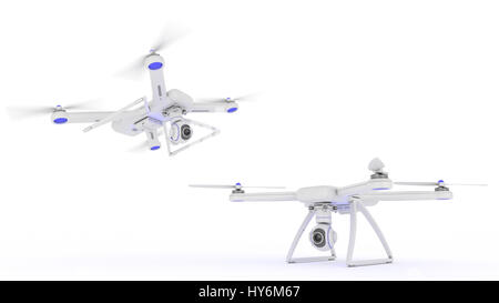 drone, quadrocopter, with photo camera flying in the blue sky. 3d rendering Stock Photo
