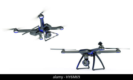 drone, quadrocopter, with photo camera flying in the blue sky. 3d rendering Stock Photo