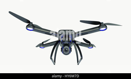 drone, quadrocopter, with photo camera flying in the blue sky. 3d rendering Stock Photo