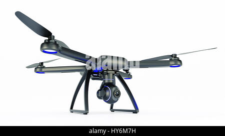 drone, quadrocopter, with photo camera flying in the blue sky. 3d rendering Stock Photo