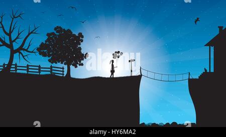 Beautiful mysterious night landscape and small girl with bunch of balloons Stock Vector