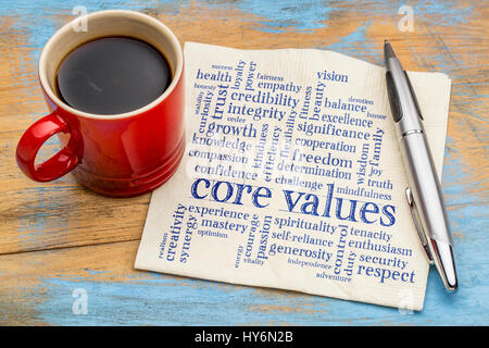 word cloud of possible core values on a napkin with a cup of coffee Stock Photo