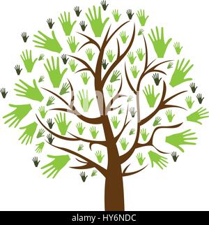 color background of tree with leaves in shape of hands Stock Vector