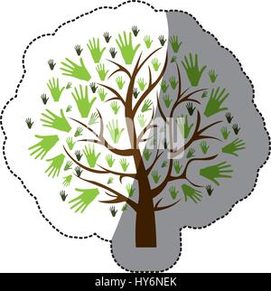 color background sticker of tree with leaves in shape of hands Stock Vector