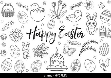 Happy Easter collection object, design element. Hand drawing, outline style. Easter coloring page set. Vector illustration, clip art. Stock Vector