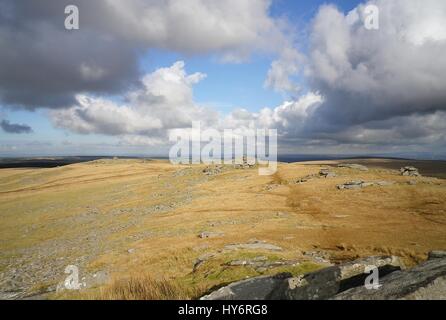 Clouds over Bodmin Moor looking from Rough Tor, one of the moor's highest peaks, to Little Rough Tor and Showery Tor, Cornwall, England, UK. Stock Photo