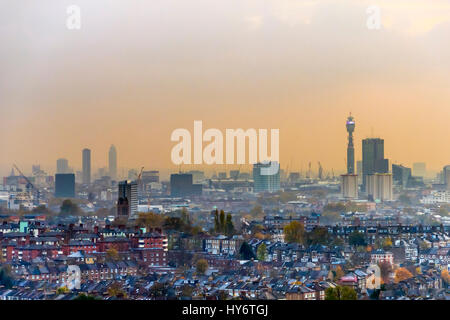 View at sunset south over London from the top of Archway Tower, North London, UK, November 2013, the BT Tower in the distance Stock Photo