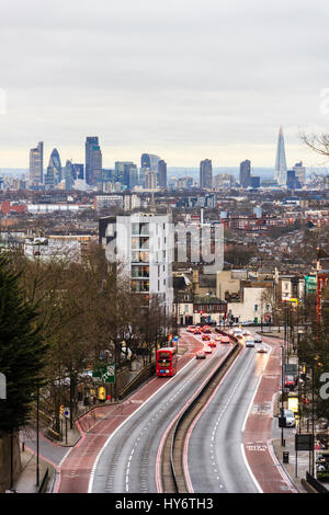 View South along Archway Road to the City of London, from Hornsey Lane Bridge, North Islington, London, UK Stock Photo