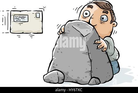 A cartoon man hides behind a rock, trying to avoid his bills. Stock Vector