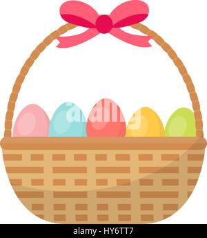 Basket with painted eggs. Easter basket icon, flat style. Isolated on white background. Vector illustration, clip-art. Stock Vector