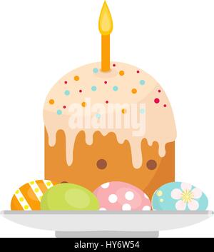 Easter cake with candles on a plate with eggs icon, flat style. Isolated on white background. Vector illustration, clip-art. Stock Vector