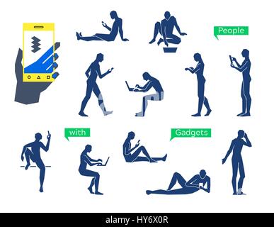 People using gadgets. Simple straight line human manikin silhouettes. People online social networking Stock Vector