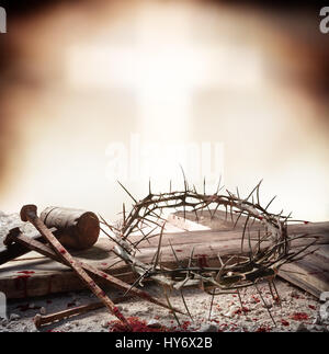 Crucifixion Of Jesus Christ - Cross With Hammer Bloody Nails And Crown Of Thorns Stock Photo