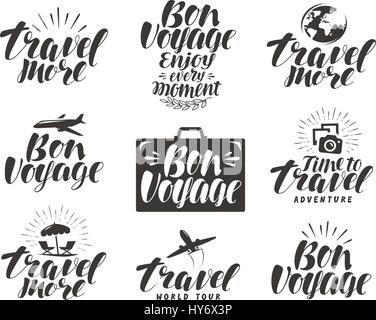 Travel, label set. Journey icons or symbols. Lettering vector illustration Stock Vector