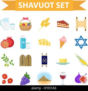 Shavuot icons set, flat style. Collection design elements on the Jewish holiday Shavuot with milk, fruit, torus, mountain, wheat, basket. Isolated on white background. Vector illustration, clip-art. Stock Vector