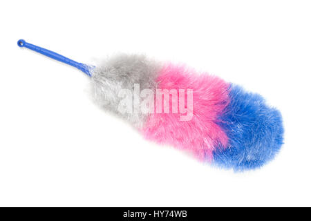 Soft colorful duster with plastic handle isolated on white background Stock Photo