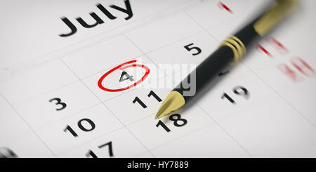 Black ballpoint pen on a calendar and day July 4 circled. 3d illustration Stock Photo