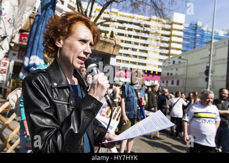 Berlin, Berlin, Germany. 1st Apr, 2017. Residents rally against the sale of ''Neue Kreuzberger Zentrum'' (NKZ) at the Kottbusser Tor to a private, allegedly international real estate investor. Around 1200 people live in 295 rental properties in the building, it was opened as a model project in 1974, it soon became a social focal point. Credit: Jan Scheunert/ZUMA Wire/Alamy Live News