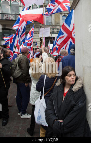 London, UK. 1st Apr, 2017. A Britain first supporter during a protest titled 'London march against terrorism' in response to the March 22 Westminster terror attack Credit: Thabo Jaiyesimi/Alamy Live News Stock Photo