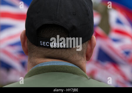 London, UK. 1st Apr, 2017. Security for Britain First looks on during a protest titled 'London march against terrorism' in response to the March 22 Westminster terror attack . Credit: Thabo Jaiyesimi/Alamy Live News Stock Photo