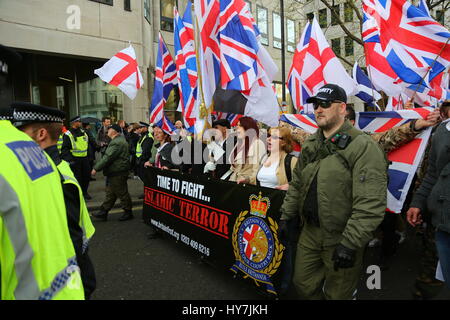 London, UK. 1st April 2017. From the EDL Facebook page - After the vile terrorist attack on parliament we will stand together and show we will not now, not ever bow down and fear terrorists and terrorism. Join us to show our strength. Penelope Barritt/Alamy Live News Stock Photo