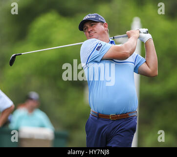 Humble, Texas, USA. 1st Apr, 2017. Jason Dufner tees off during the third round of the Shell Houston Open at the Golf Club of Houston in Humble, Texas. John Glaser/CSM/Alamy Live News Stock Photo