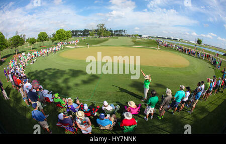 Humble, Texas, USA. 1st Apr, 2017. Play on the first green during the third round of the Shell Houston Open at the Golf Club of Houston in Humble, Texas. John Glaser/CSM/Alamy Live News Stock Photo