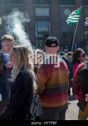 Ann Arbor, Michigan, USA. 1st April 2017. Thousands attended the annual Hash Bash, a 45-year tradition at the University of Michigan. The event is devoted to music and speeches advocating the legalization of marijuana, and for many, the smoking of marijuana. Credit: Jim West/Alamy Live News Stock Photo