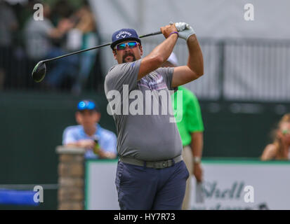 Humble, Texas, USA. 1st Apr, 2017. Andres Gonzales hits a shot during the third round of the Shell Houston Open at the Golf Club of Houston in Humble, Texas. John Glaser/CSM/Alamy Live News Stock Photo