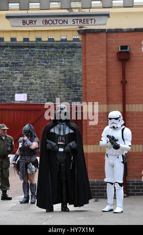 Bury, Lancashire, UK. 02nd Apr, 2017. It's steam... but not as you know it at the annual Sci-Fi On The Sidings event on the East Lancashire Railway, Bury, Lancashire. Hundreds of Sci-Fi and steam enthusiasts enjoyed a futuristic weekend with some bygone steam engines. Storm Troopers and Darth Vader from Star Wars where among the most popular for visitors young and old alike but there were also displays and characters from Doctor Who, Jurassic Park, Back to the Future and Alien vs. Predator plus many more during the action packed weekend. Credit: Paul Heyes/Alamy Live News Stock Photo