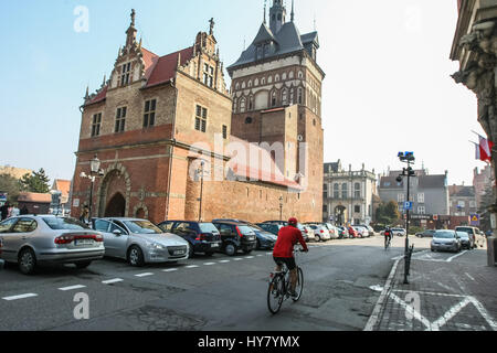 Gdansk, Poland. 02nd Apr, 2017. Man riding on bike is seen in Gdansk, Poland on 2 April 2017 . With temperatures close to 20 Celsius degrees, spring definetly has come to Poland. Meteorologists predict next few days of warm weather in Poland Credit: Michal Fludra/Ģ����ý Live News Stock Photo