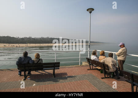 Gdansk, Poland. 02nd Apr, 2017. People enjoing warm weather, at the Gdansk Brzezno Pier on the Baltic sea coast are seen in Gdansk, Poland on 2 April 2017 . With temperatures close to 20 Celsius degrees, spring definetly has come to Poland. Meteorologists predict next few days of warm weather in Poland Credit: Michal Fludra/Alamy Live News Stock Photo