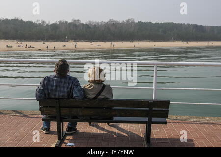 Gdansk, Poland. 02nd Apr, 2017. People enjoing warm weather, at the Gdansk Brzezno Pier on the Baltic sea coast are seen in Gdansk, Poland on 2 April 2017 . With temperatures close to 20 Celsius degrees, spring definetly has come to Poland. Meteorologists predict next few days of warm weather in Poland Credit: Michal Fludra/Alamy Live News Stock Photo