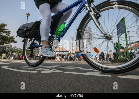 Gdansk, Poland. 02nd Apr, 2017. People riding on bikes is seen in Gdansk, Poland on 2 April 2017 . With temperatures close to 20 Celsius degrees, spring definetly has come to Poland. Meteorologists predict next few days of warm weather in Poland Credit: Michal Fludra/Alamy Live News Stock Photo