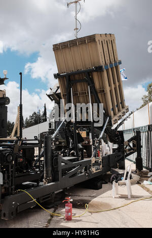 Hatzor Airbase, Israel. 2nd April, 2017. An Iron Dome missile launcher is exhibited at Hatzor Airbase. The Israeli Air Force ceremoniously marked the operational integration of David's Sling Air Defense System developed under supervision of Israel's Defense Ministry and the US Missile Defense Agency by Israel's Rafael and US Raytheon. Credit: Nir Alon/Alamy Live News Stock Photo