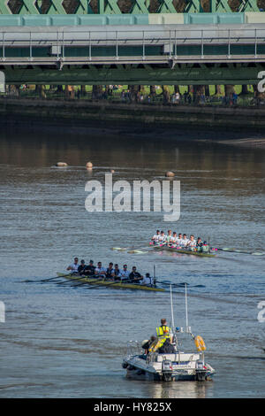 London, UK. 02nd Apr, 2017. The boats warm up - The Oxford v Cambridge boat race starts at Putney and heads upstream. It is supporting cnacer research and is sponsored by Mellon Bank - London  02 Apr 2017. Credit: Guy Bell/Alamy Live News Stock Photo