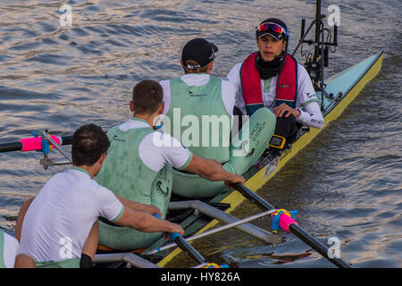 London, UK. 02nd Apr, 2017. The Cambridge boat approaches Putney Bridge driven on to the start by their cox - The Oxford v Cambridge boat race starts at Putney and heads upstream. It is supporting cnacer research and is sponsored by Mellon Bank - London  02 Apr 2017. Credit: Guy Bell/Alamy Live News Stock Photo