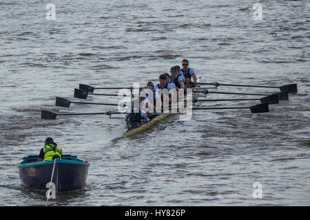 London, UK. 02nd Apr, 2017. The start of the mens race -  Oxford v Cambridge boat race starts at Putney and heads upstream. It is supporting cnacer research and is sponsored by Mellon Bank - London  02 Apr 2017. Credit: Guy Bell/Alamy Live News Stock Photo