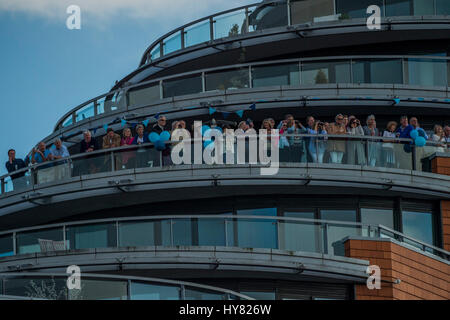 London, UK. 02nd Apr, 2017. The Oxford v Cambridge boat race starts at Putney and heads upstream. It is supporting cnacer research and is sponsored by Mellon Bank - London  02 Apr 2017. Credit: Guy Bell/Alamy Live News Stock Photo