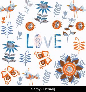 Bird romantic seamless pattern. It is located in swatch menu, vector image. Cute background for design. Abstract floral backdrop. Stock Vector