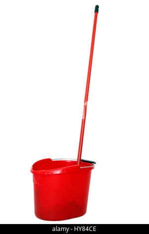 Red plastic bucket and mop, isolated on white. Domestic equipment. Stock Photo