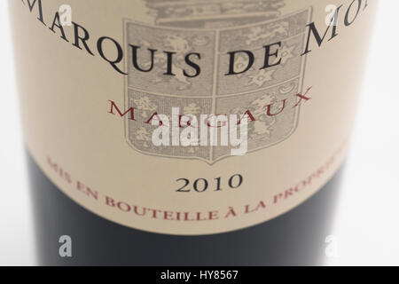 Wine label of a bottle of Marquis de Mons, second wine of Tour de Mons. Margaux.Medoc in Bordeaux Stock Photo