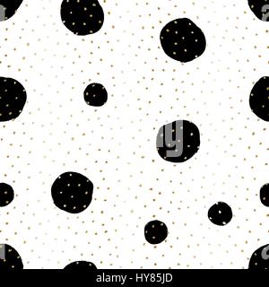 Hand drawn seamless repeat pattern with round shapes in black and golden dots texture on white background. Modern and original textile, wrapping paper Stock Vector