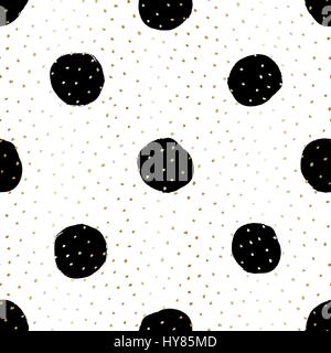 Hand drawn seamless repeat pattern with round shapes in black and golden dots texture on white background. Modern and original textile, wrapping paper Stock Vector