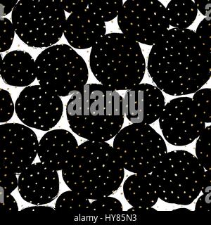 Hand drawn seamless repeat pattern with round shapes in black and golden dots texture on white background. Modern and original textile, wrapping paper Stock Vector
